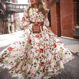 Casual Dresses Women Printed Chiffon Dress Elegant Women's Maxi With Flower Print A-line Silhouette High Waist Design For Spring Fall