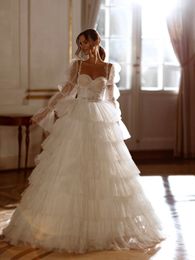 Romantic Ruffles Tiere Ball Gown Wedding Dresses Spaghetti Strap with Detachable Sleeve Bridal Dress Glitter Lace Appliques Beaded Bride robe de mariee