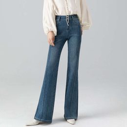 Xin ge elastisk päronformade bantbyxor för kvinnor våren 2024 Ny hög midja dubbelbröst Micro Flared Jeans