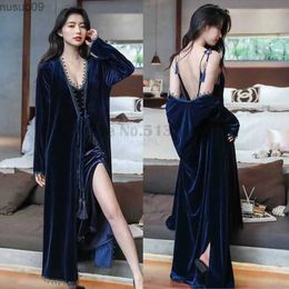 home clothing Sexy Velour Twinset Robe Set Womens Kimono Bathroom Hanging Evening Dress Autumn Winter Evening Dress Loose PajamasL2403