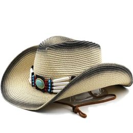 Berets Hats 2024 Panama Summer Hat Cowboy Straw For Men Women Leather Ribbon Large Brim Sun Beach Jazz Cap Fedora