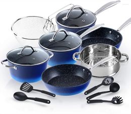 Cookware Sets 15 Piece Induction Kitchen Nonstick - Granite Hammered Pan Set Dishwasher Safe Cooking Pots Pans