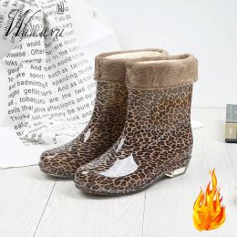 Boots Leopard Print Winter Warm Plush RainBoots PVC Waterproof NonSlip Cotton Shoes Fashion Comfort LowHeel Slip On Mid Rubber Boots