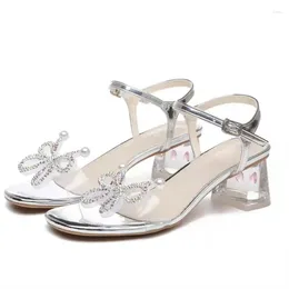 Dress Shoes Stiletto Sandals Female Fairy Wind 2024 Summer Pearl Bow Roman High Heels Fashion Transparent Open Toed