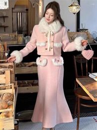 Work Dresses OL Skirts Sets Femal Elagant Warm Faux Fur Coats Tops With Mermaid 2 Pieces Suits Vintage Korean Style 2024 Winter
