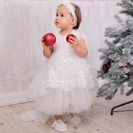 Girl Dresses Baby White Tulle Puffy Pattern Appliques Sequin With Tailing Short Sleeve For Wedding Birthday First Communion Gowns