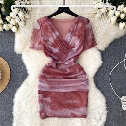 Party Dresses Summer Sexy Slim Gauze Dress Temperament V Neck Short Sleeve Pullover Tie -dye Skinny Pleated Simple Mini Women Vestidos