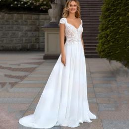 Boho Lace Chiffon V-Neck Wedding Dresses Backless Beach Bride Dress Cap Sleeve Sweep Train Bohemian Robe De Mariee A Line 240403