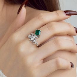 vintage emerald diamond designer ring for woman 925 sterling silver leaf rings 5A zirconia luxury jewelry women daily outfit travel dating party gift box size 6-9