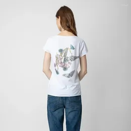 Women's T Shirts Spring And Summer U-shaped Neck T-shirt With Rhinestones On The Back White Short-sleeved Women Tops