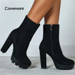 Boots Comemore Women Thick Platform Boot Autumn Winter Ladies Gothic Leopard Print Shoes Fashion High Heels Ankle Boots Botas Mujer 42