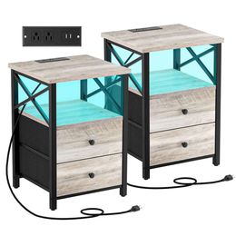 VETIN LED Nightstand Set of 2, Charging Station, Tables 2 Fabric Storage Drawers, Nightstands with USB Ports and Outlets, Vintage Bedside Table, Night Stand for