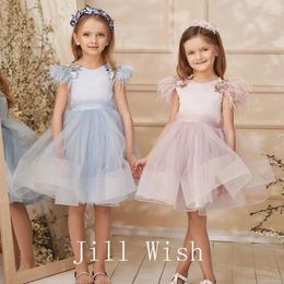 Girl Dresses Jill Wish Elegant Blush Pink Dress Feathers Beading Princess Gown For Kids Wedding Birthday First Communion Party 2024 J253