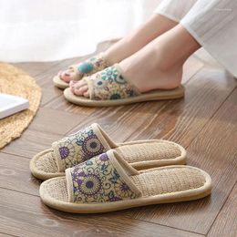 Slippers Cotton Linen For Women Summer Light Breathable Home Slide Ethnic Flower Soft Sole Floor Shoes Casual Sandal