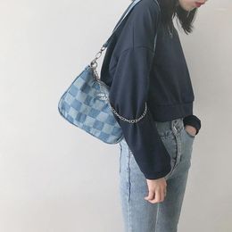 Bag Women Denim Blue Chequered Shoulder Bags Vintage Chic Canvas Chain Handbags Female Casual Letter Embroidery Cloth Messenger