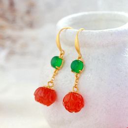 Dangle Earrings Authentic 925 Sterling Silver Earring Lady Retro Style Inlaid Natural Green Chalcedony South Red Agate 18K Gold Plated