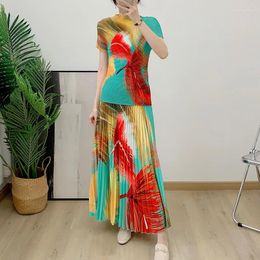 Work Dresses Miyake Pleated Suit Women's 2024 Summer Fashion Printing All-match Large Free Size Slim Top&Skirt 2 Pcs Set