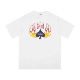 Men's T-Shirts Oversized 2024 Summer Saint Michael T-Shirt Men Women Flame Peach Blossom Print White Tees Cotton T Shirt J240322