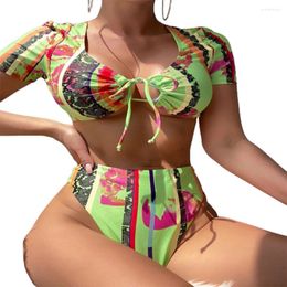 Women's Swimwear FS Women Floral Print Green High Waist Micro Thong Short Sleeve Blouse Bikini Set Lady Split Swimsuit Two Pieces 2024