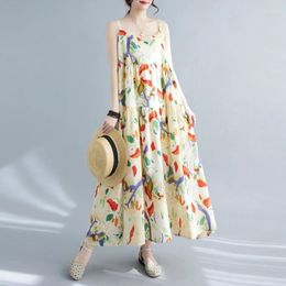 Casual Dresses 2024 In Sleeveless Loose Summer Strap Dress For Women Holiday Outdoor Print Floral Cotton Linen Beach Long