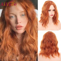 Wigs AILIADE Short Synthetic Natural Wave Bob Wig Middle Part Orange Wig Heat Resistant Wavy Wigs For Women Cosplay Party Hair