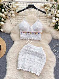 SINGREINY Holiday Beach Retro Two Piece Sets Halter Folk Sequin Tassel Backless TopsBodycon Mini Skirt Fashion sweet Suits 240315