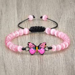 Strand Charm Women Pink Butterfly Bracelet 6mm Natural Tiger Stone Black Lava Onyx Beads Bracelets & Bangles Handmade Men Wrist Jewelry