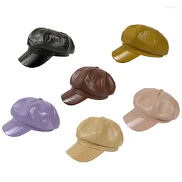 Berets 2024 Korean Women Autumn Vintage Faux Leather Shiny Solid Color 8 Panels Painter Leisure Octagonal Hat