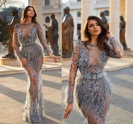 Grey Robe De Soiree Evening Dresses Lace 3D Floral Appliques Beads Mermaid Prom Dress Feather Long Sleeve Formal Party Gowns4747238