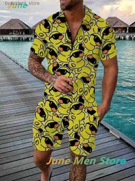 Men's Tracksuits Mens Summer Tracksuit Funny Cartoon Ducks Camisa pólo+shorts Conjunto de roupas casuais de colarinho de zíper de colarinho