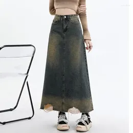 Skirts Women Spring Summer Vintage Denim Skirt Casual High Waist Hip Wrap Hole Long Fashion Loose A-Line Blue Jeans