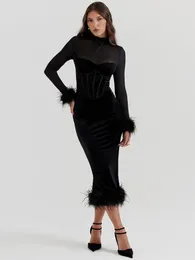 Casual Dresses Spring Women's Sexy Black Feather Long Sleeved O-neck Mesh Spliced 2024 Bandage Midi Bodycon Celebrity Party Evening Dress