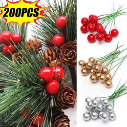 Decorative Flowers 200/50PCS Artificial Red Berry Pearl Stamen Christmas Tree Wreath Ornament Simulation Gold Berries Year Party Decoration