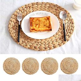 Mats Pads Wholesale Custom Natural Woven Water Hyacinth Placemats Seagrass Thick Rattan Round Non-Slip Handmade Braided Dinner Tablema Othzu