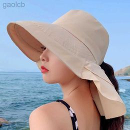 Wide Brim Hats Bucket Womens bow knot lightweight bucket hat fashionable hidden ponytail hole large UV resistant sun beach neck protective fisherman buckets 24323