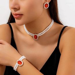 Necklace Earrings Set Multilayer Imitation Pearl Chain Bracelet For Women Wedding Bridal Stud Jewellery Accessories