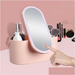 Storage Boxes Bins Portable Makeup Organiser With Mirror And Led Light Waterproof Cosmetic Box Bag For Women Girls Drop Delivery Home Otuh4