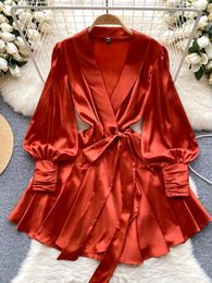 Casual Dresses High-Grade Sense Satin Women 2024 Spring V-Neck Long Sleeve Vestidos French Elegant Slim Waist Party Gown