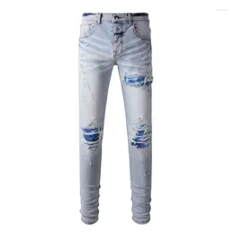 Men's Jeans Street Fashion Men Retro Light Blue Stretch Skinny Fit Ripped Patched Designer Buttons Hip Hop Brand Pants