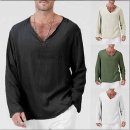 5 Colours Mens T Shirts Linen Loose Mens V-neck Solid Colours Long Sleeve T-shirt Loose Casual Large Size S-4XL