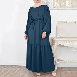 Casual Dresses Muslim Ramadan Dress With Belt Abaya Long Sleeve Loose Ruffles Maxi For Women Spring Solid Color Puff Kaftan Robe