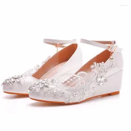 Dress Shoes Pumps Women Round Toe Rhinestone Buckle Strap PU 5CM Wedges Heels Sandals Japanese Style White