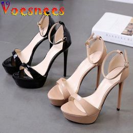 Sexy One Word Band Women Stiletto Shoes Summer Pure Colour Buckle Strap Platform High Heels 12CM Super Heel Catwalk Sandals 240318