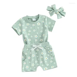 Clothing Sets Baby Girls Summer Outfits Floral Print Short Sleeve T-Shirt And Shorts Headband Set 3 Piece Clothes