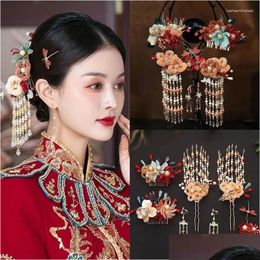 Haarspangen Haarspangen Vintage chinesischer Stil Pompom Blume Schmetterling Coronet Haarbekleidung Schmuck Brautaccessoires Kopfschmuck Drop Lieferung Otqxd