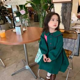 Girl's Dresses Childrens Dress Girls Fashion Long Sleeves Pull Knee Length Corduroy Green Vintage Casual Dress Spring and Autumn Childrens Clothing 24323