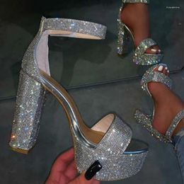 Dress Shoes Luxury Rhinestone Chunky Heel Sandals Open Toe Ankle Strap Silver Black Beige Leather Crystal High Platform Pumps