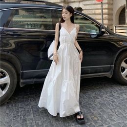 Casual Dresses Women Thin Shoulder Straps V Neck Backless Elastic Waist A Line Tiered Long Dress