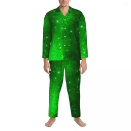 Men's Sleepwear Green Galaxy Spring Stars Print Casual Loose Oversized Pyjama Sets Male Long-Sleeve Cute Night Printed Nightwear