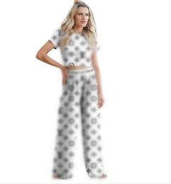 Women's Summer soft thin two-piece set comfortable and sexy printed white black short sleeved t-shirts wide leg pants set fashionable Wide Leg Pants Suit